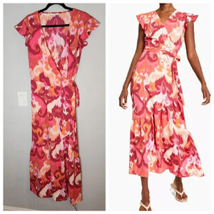 Bar‎ III Flutter-Sleeve Wrap Maxi Dress Coral Pink Purple Orange Size XXL